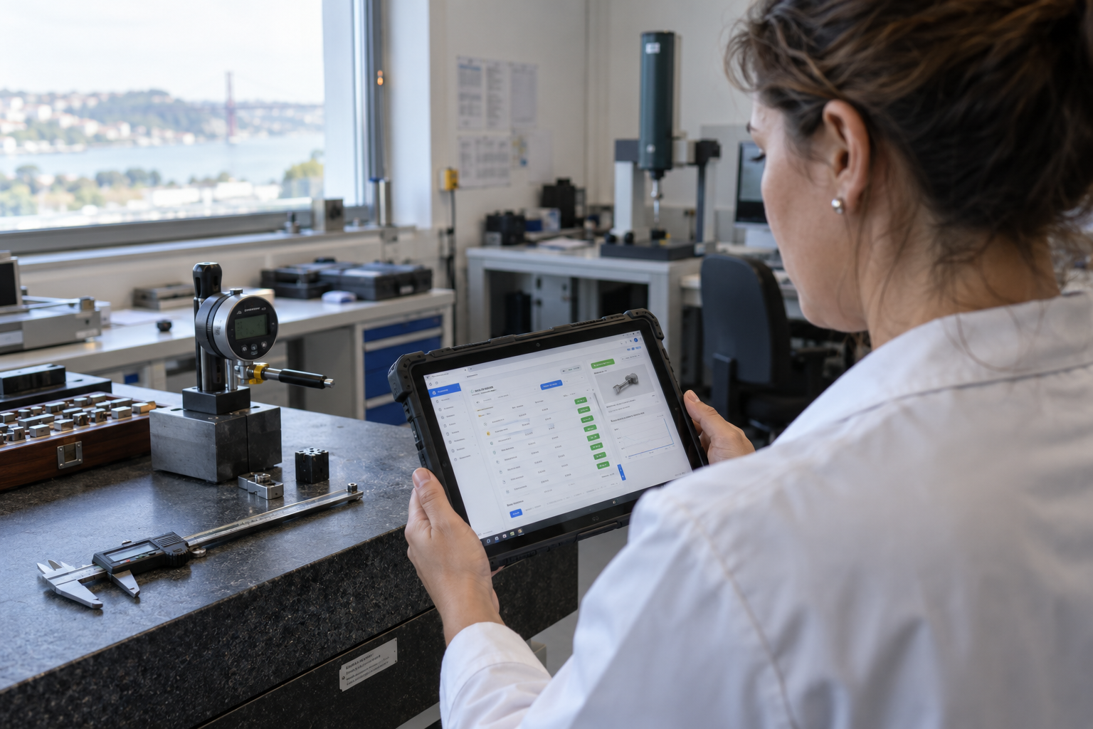 Técnica de laboratório de calibração a consultar registos no ERP num tablet
