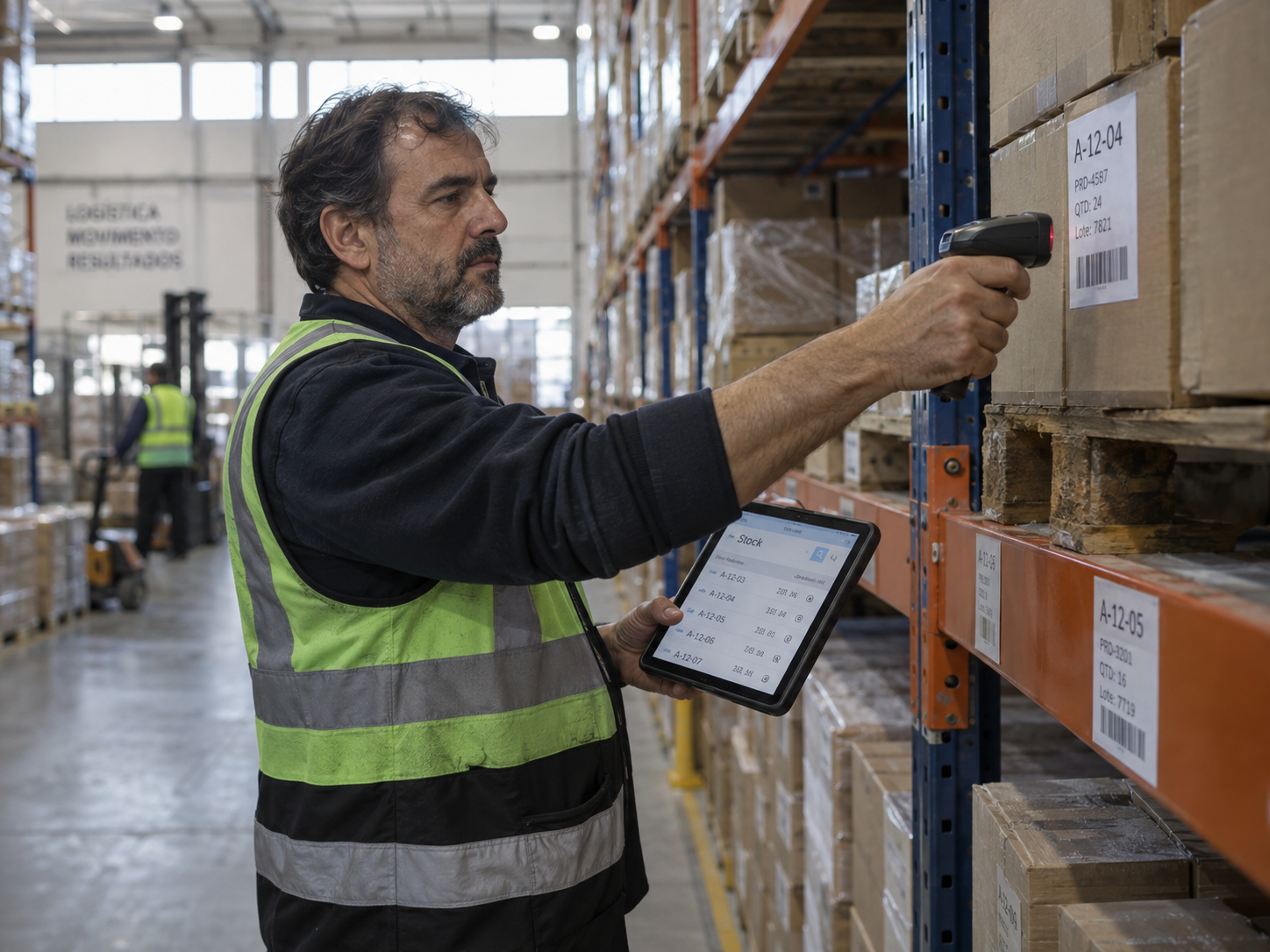 Operador de armazém a validar stock real com scanner e tablet ligados ao ERP