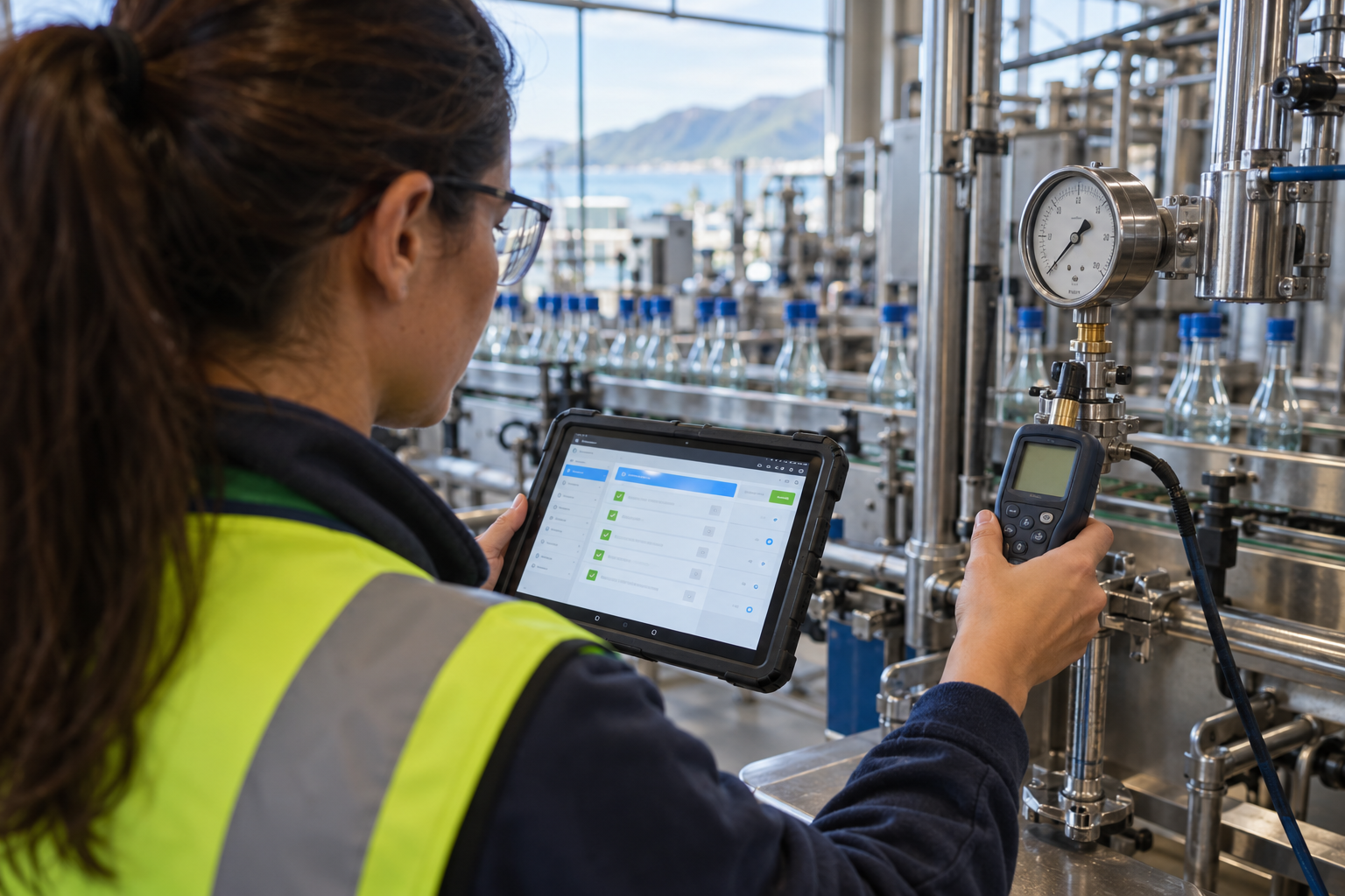 Técnica de calibração a verificar um manómetro numa linha de engarrafamento nos Açores, com tablet e app de campo