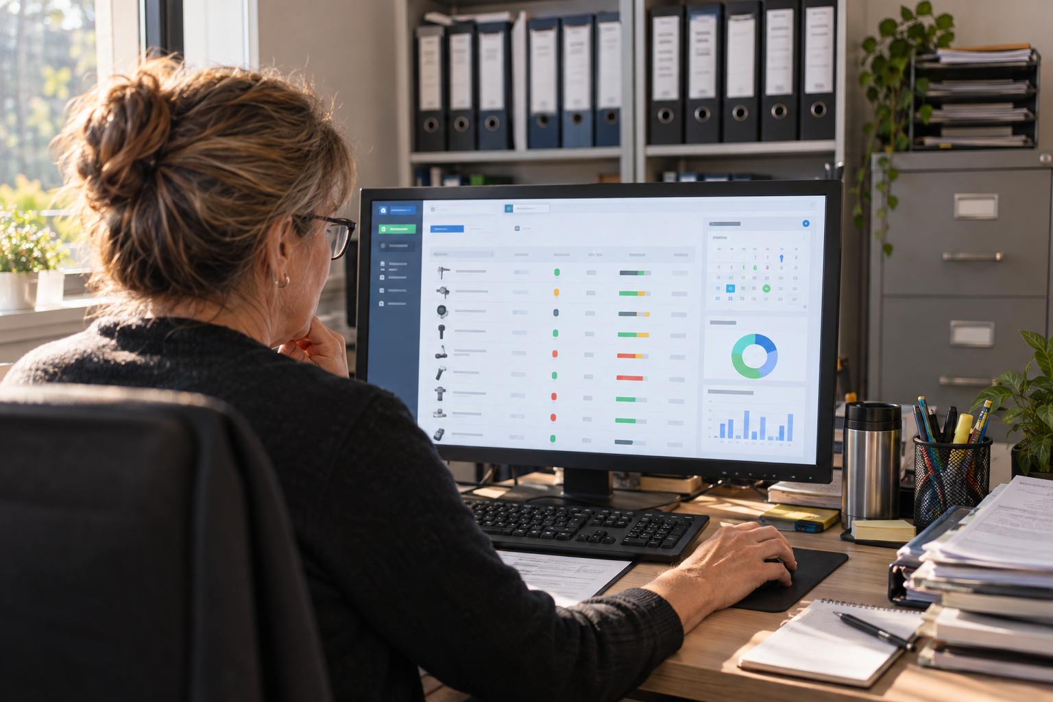 Responsável da qualidade a rever a lista de vencimentos de calibração num monitor, com dossiês de auditoria ISO na prateleira