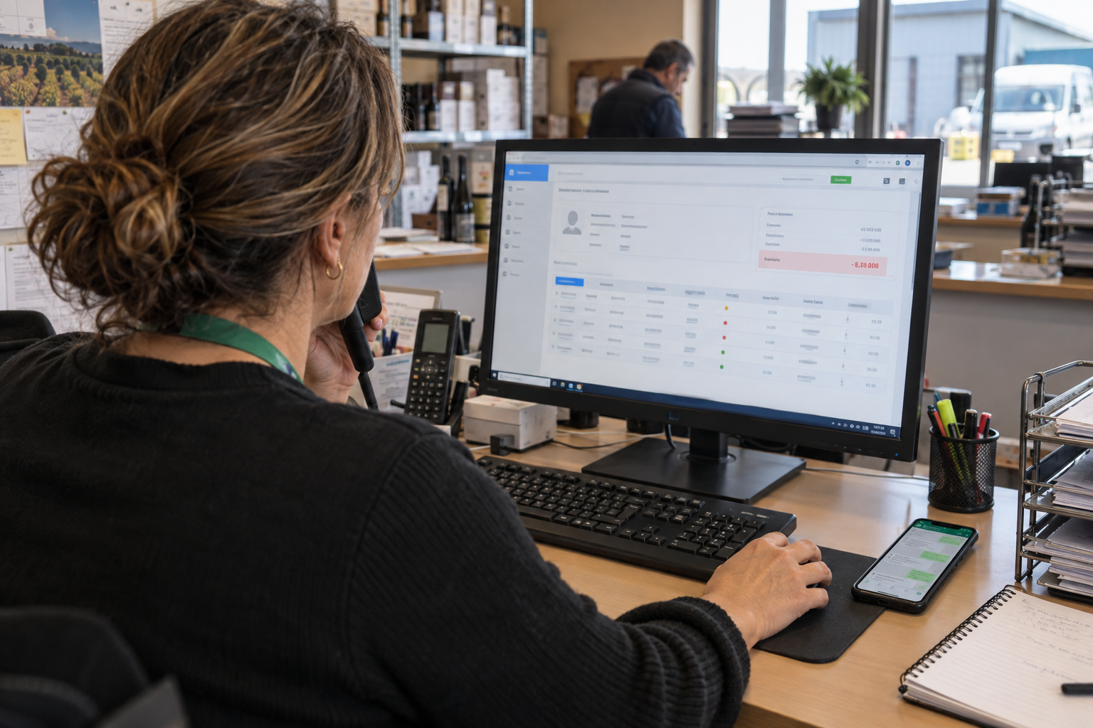 Comercial numa PME a atender uma encomenda, com o ecrã do ERP a mostrar o saldo do cliente e um telemóvel com a conversa de WhatsApp ao lado