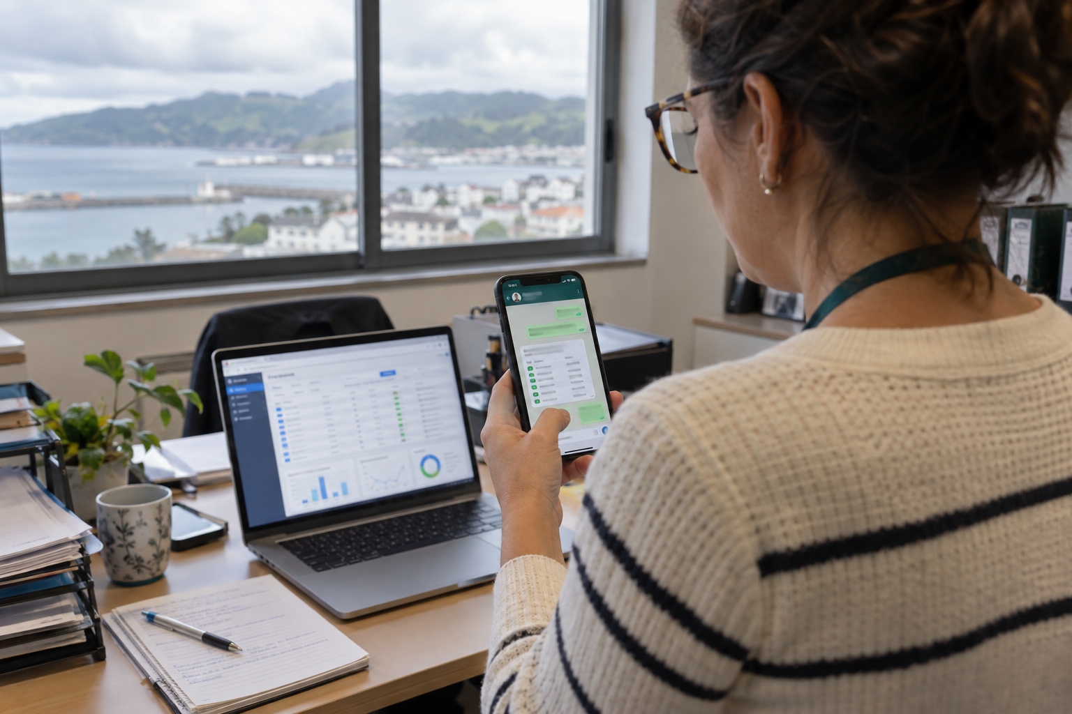 Responsável de operações de uma PME dos Açores a ler no telemóvel a resposta de um assistente ligado ao ERP