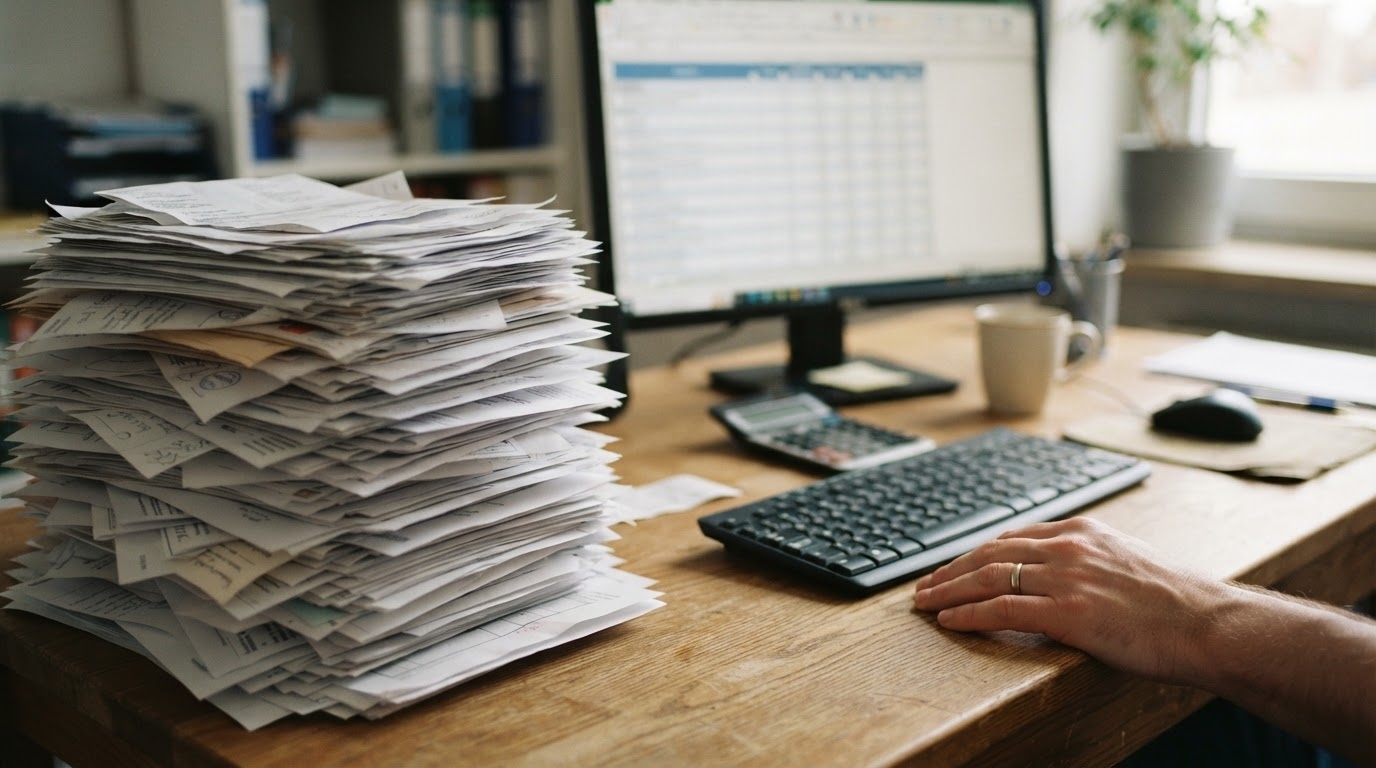 Secretária de um escritório de uma pequena empresa com uma pilha de faturas de fornecedores em papel à espera de serem lançadas à mão