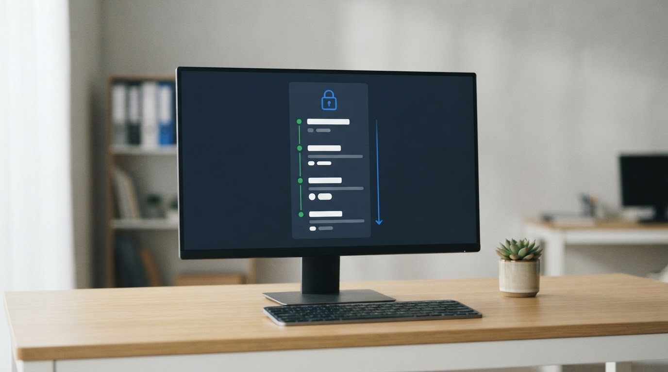 Monitor com um painel de registo de auditoria só de leitura, uma linha do tempo de ações com um cadeado e pontos verdes de estado