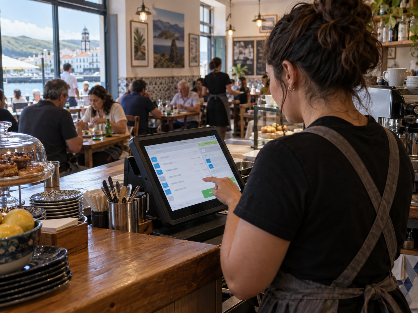 Operadora de um café em Ponta Delgada a fechar uma venda no terminal POS ao balcão