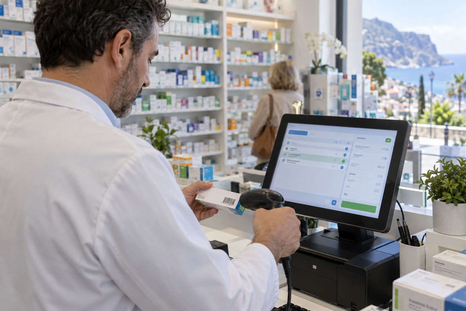 Farmacêutico numa farmácia da Madeira a passar o leitor de código de barras numa caixa de medicamento ao balcão