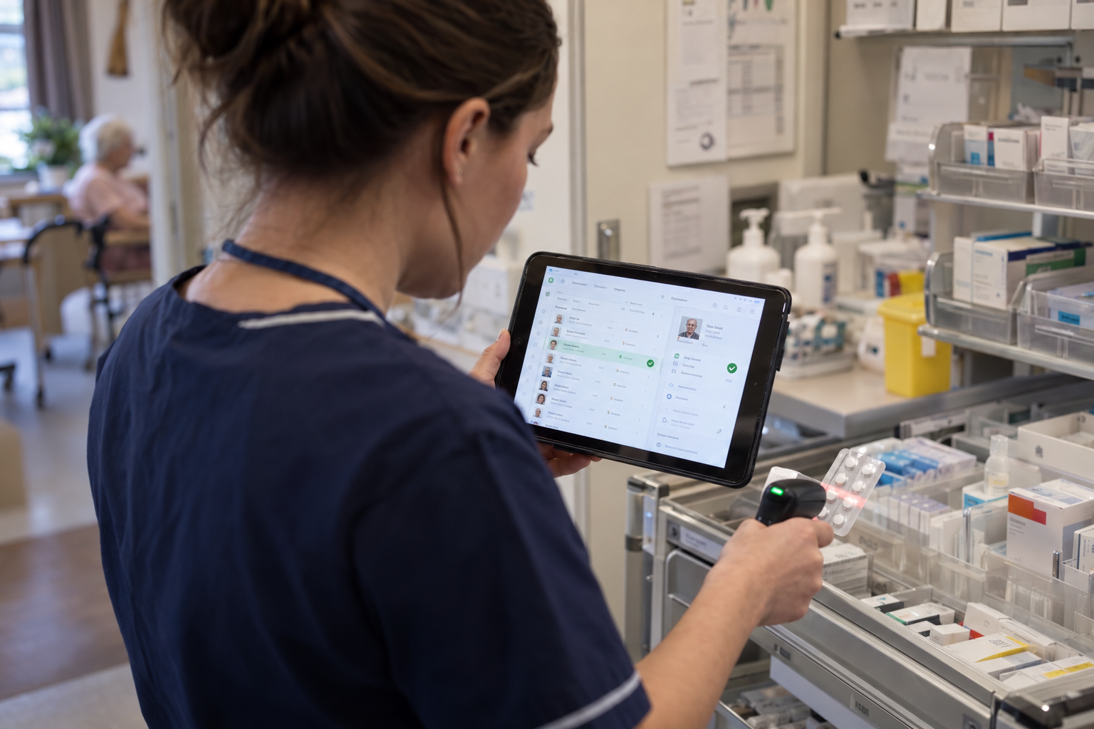 Enfermeira num lar a confirmar medicação num tablet ligado ao registo clínico