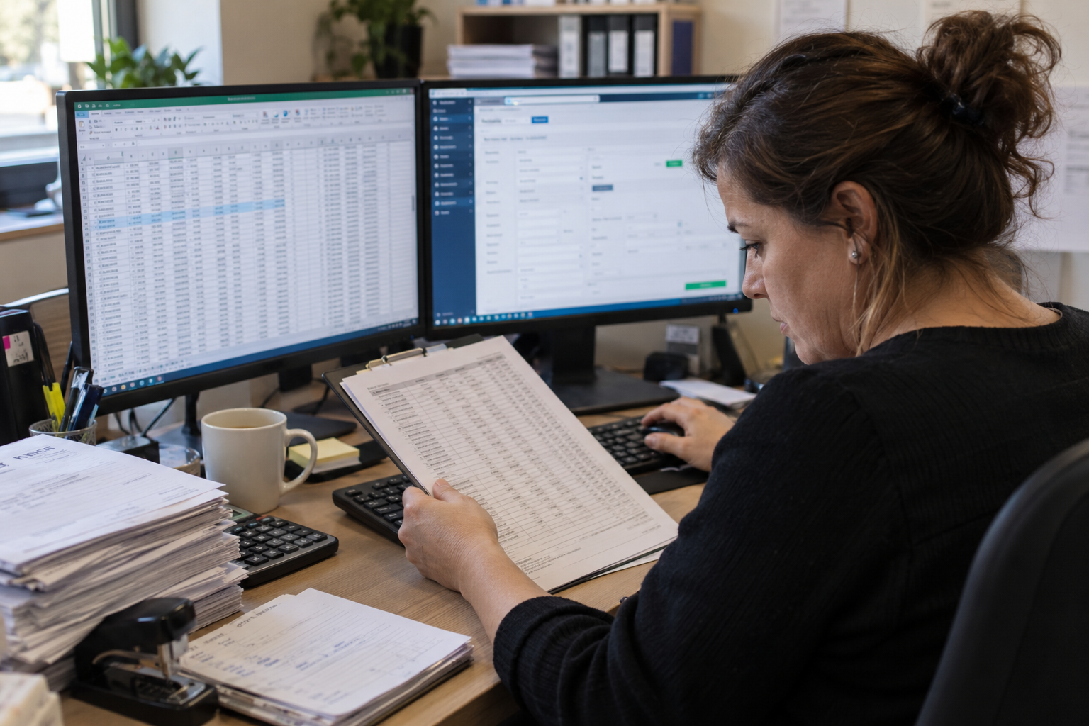 Administrativa numa PME portuguesa a copiar manualmente números de uma folha para o ERP no computador
