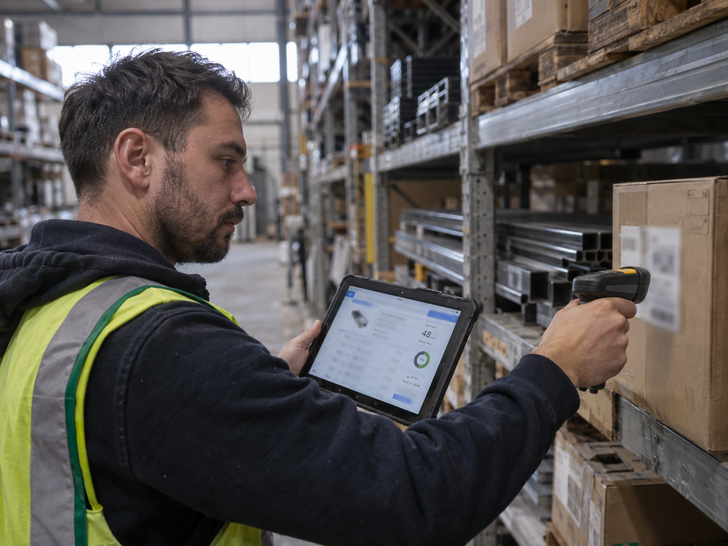 Operador de armazém a confirmar stock real com scanner e tablet ligados ao ERP