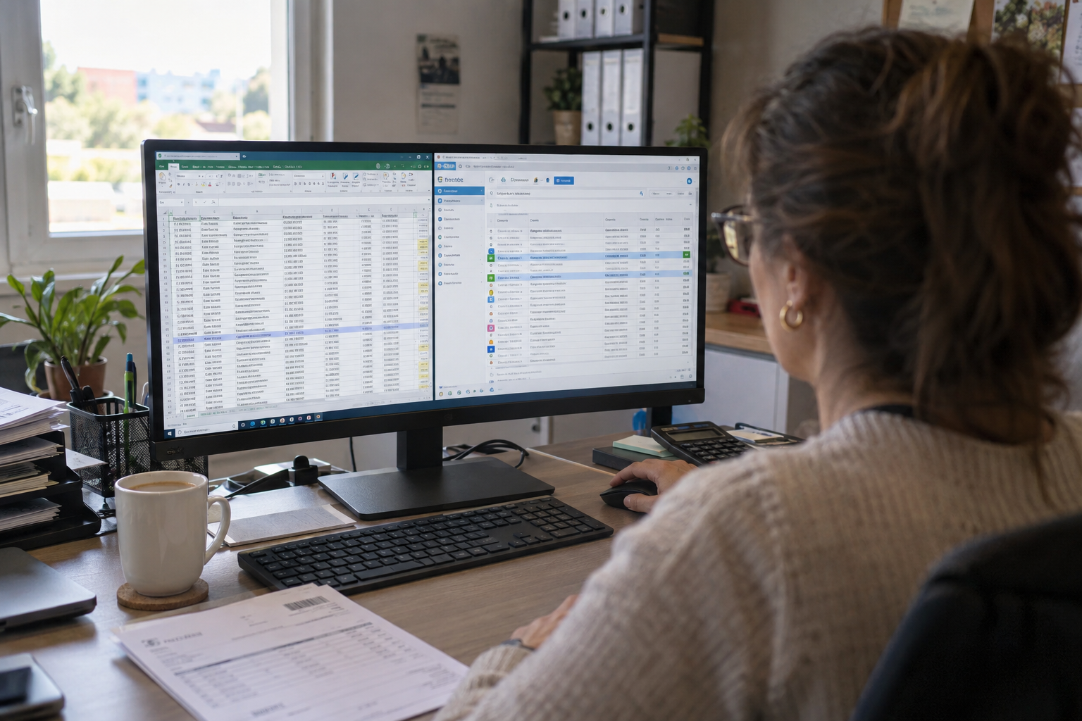 Responsável de PME a rever registos de clientes e um ERP no monitor, com linhas duplicadas visíveis