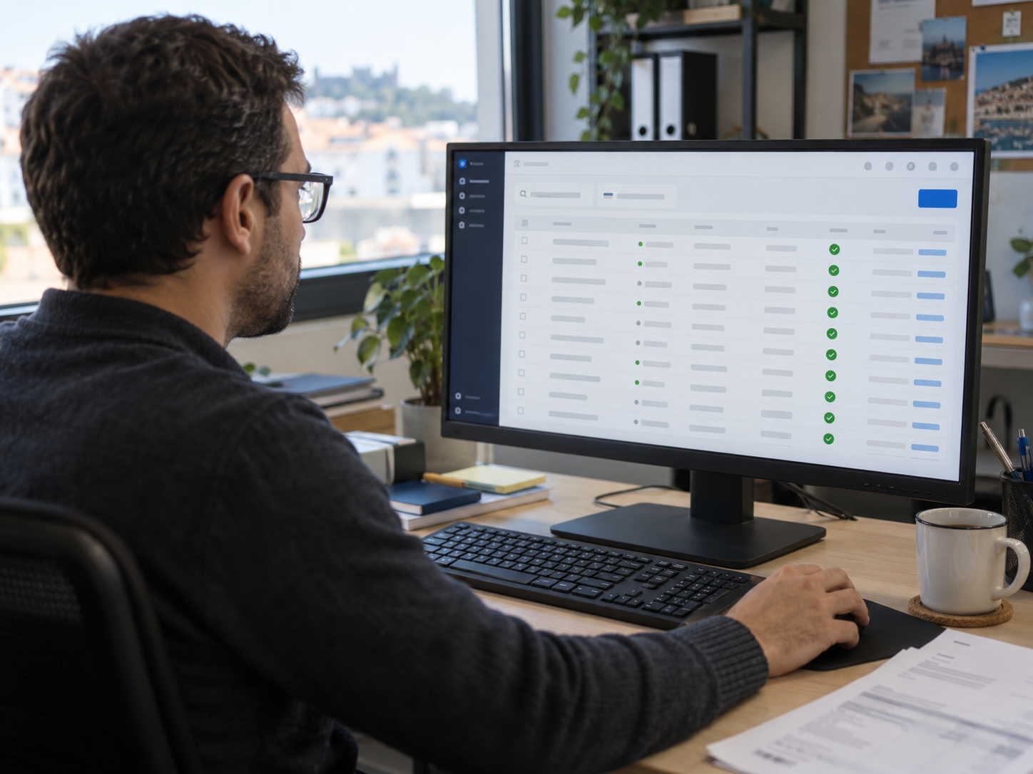 Técnico administrativo a rever faturas num monitor de ERP num escritório de uma pequena empresa