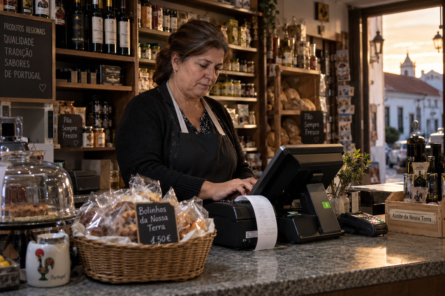Balcão de uma pequena loja portuguesa ao fecho, comerciante a emitir uma fatura no terminal POS