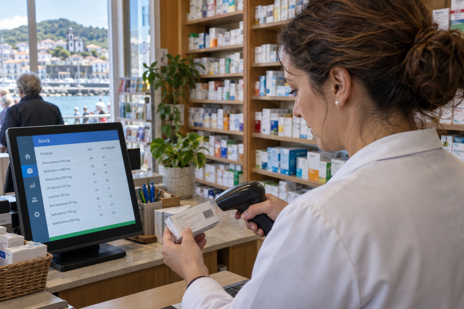 Farmacêutica numa farmácia de ilha a ler o código de barras de uma caixa de medicamento com um leitor de mão, com um terminal de stock no balcão