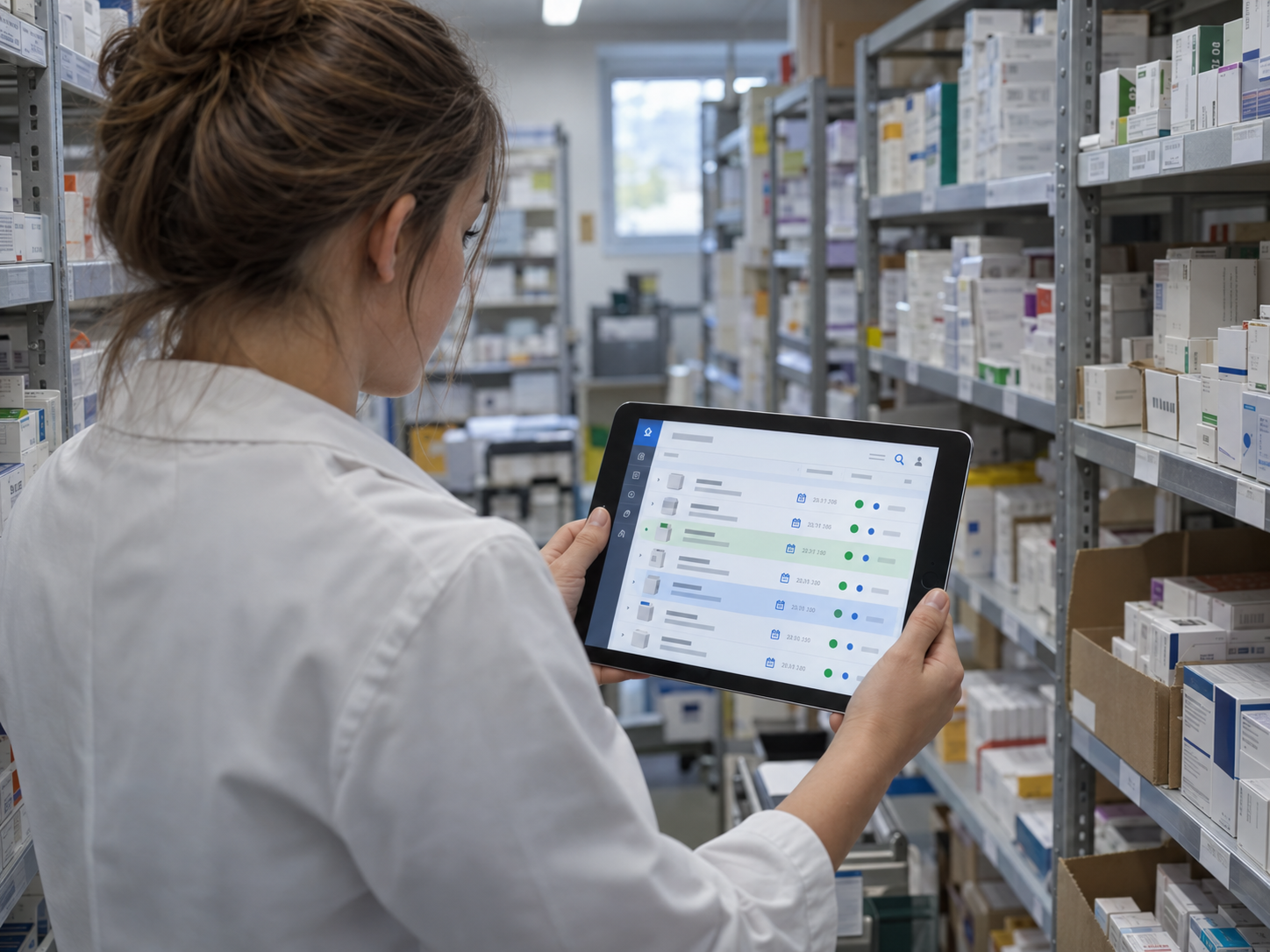 Técnica de farmácia no armazém a rever num tablet uma lista de referências com prazos de validade próximos, rodeada de prateleiras de caixas de medicamentos