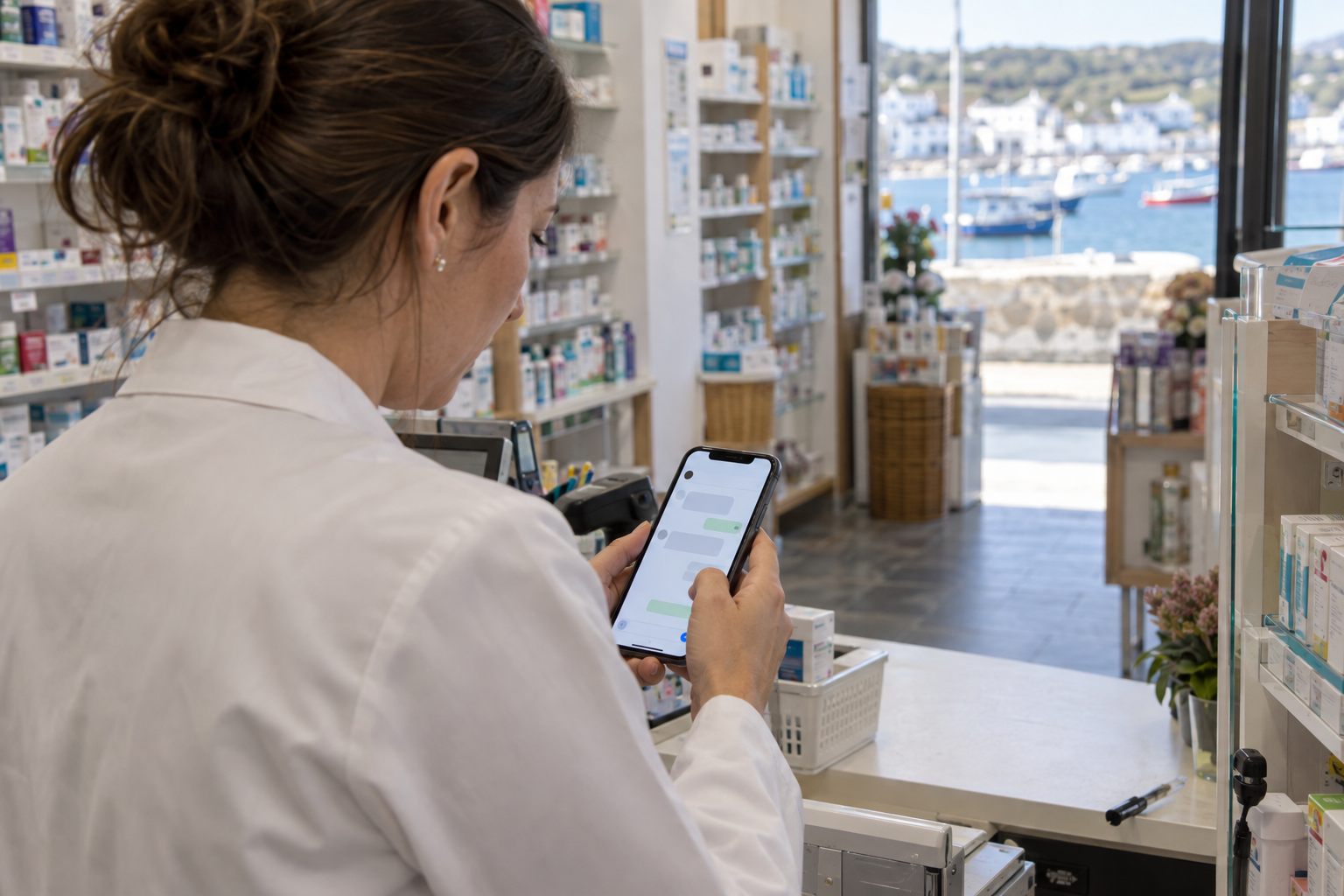 Farmacêutica ao balcão a ler no telemóvel uma mensagem de alerta de stock, com a montra e a luz do porto ao fundo
