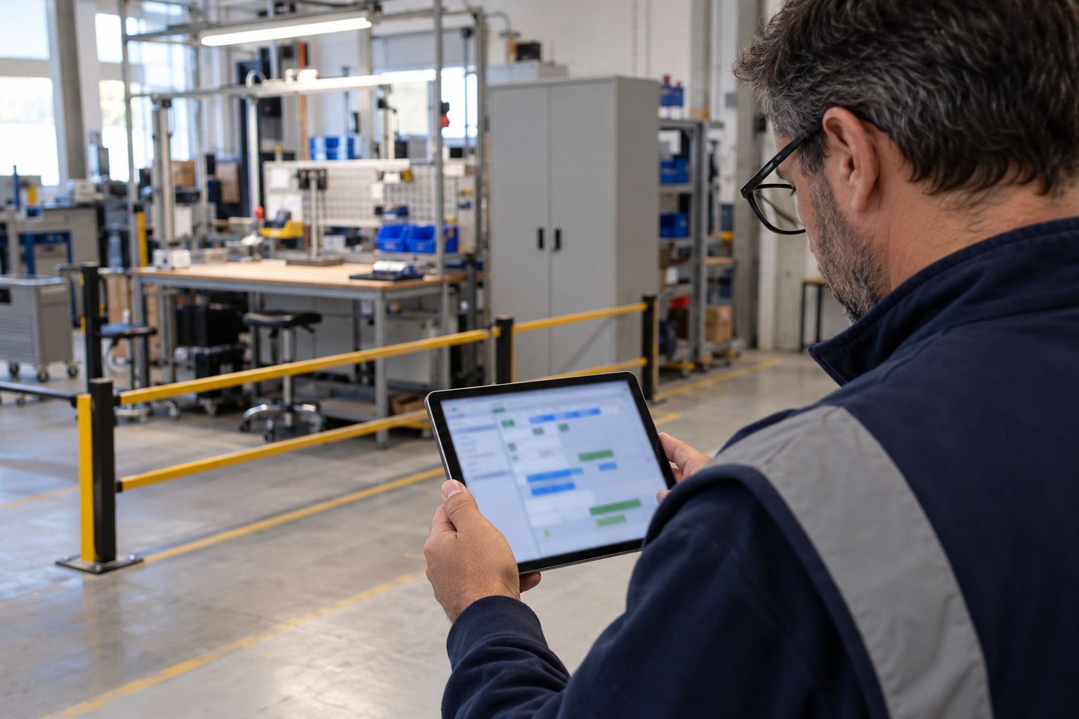 Responsável de produção consulta o planeamento num tablet junto de um posto de montagem parado e delimitado por uma barreira.