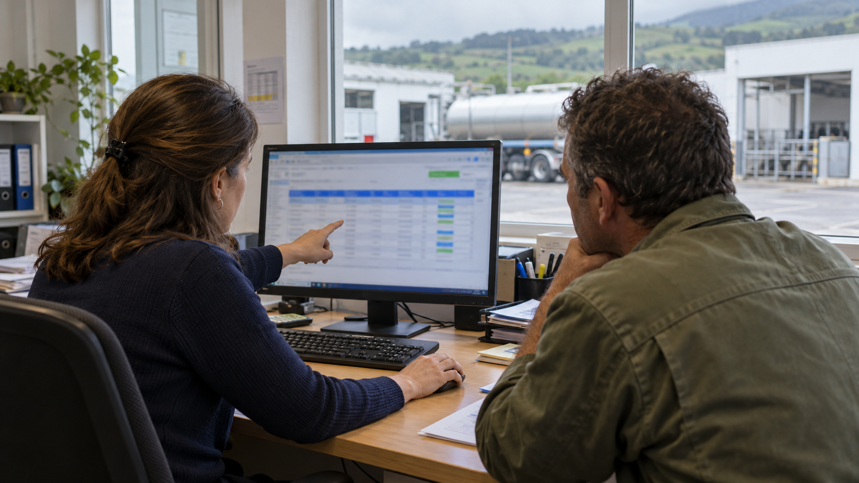 Operadora de uma cooperativa leiteira e produtor consultam um mapa de pagamento no computador