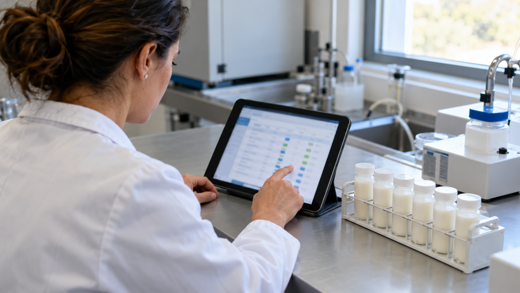 Técnica de laboratório consulta registos numa tablete junto de amostras de leite fechadas