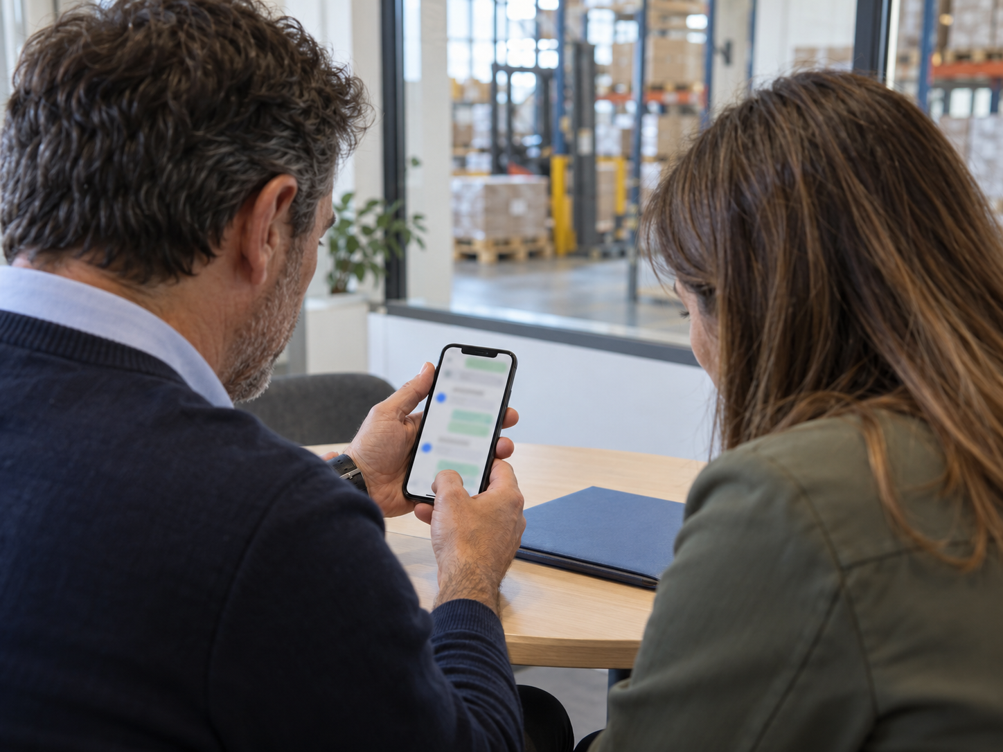 Dono e responsável de compras consultam juntos uma conversa num smartphone, numa sala de trabalho junto ao armazém.
