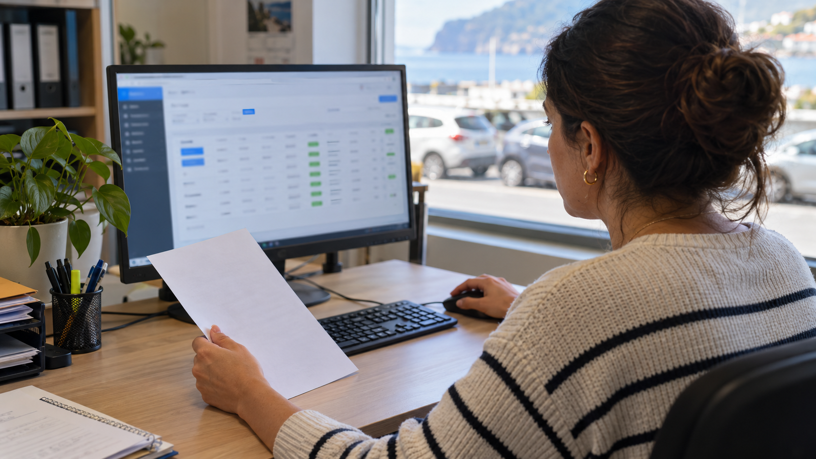 Operadora de um rent-a-car consulta os registos no computador enquanto confere uma notificação em papel.