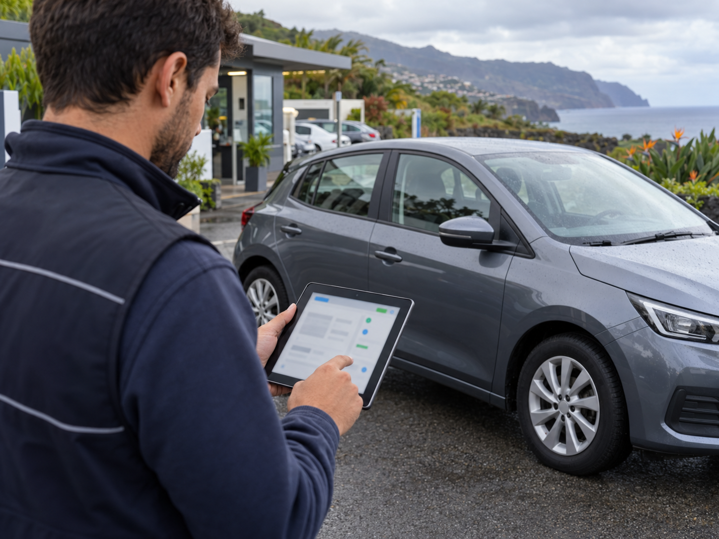 Funcionário verifica o registo de devolução num tablet junto de uma viatura estacionada.