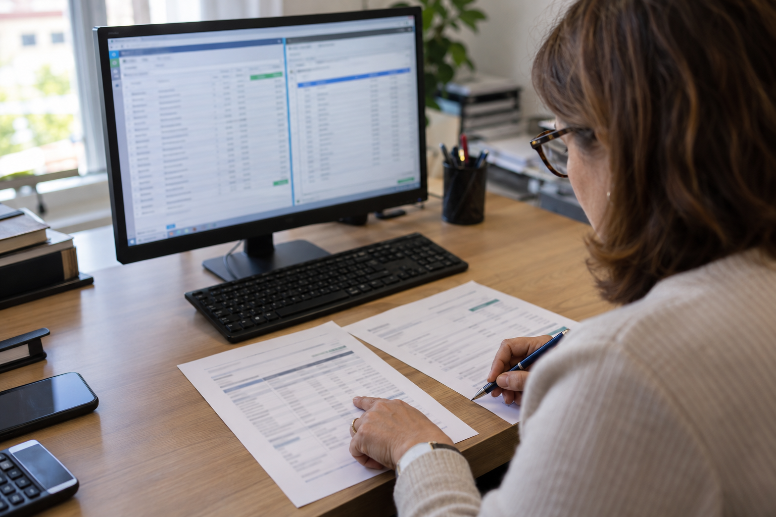 Profissional administrativa a comparar os documentos de liquidação e o extrato bancário com os registos no ERP