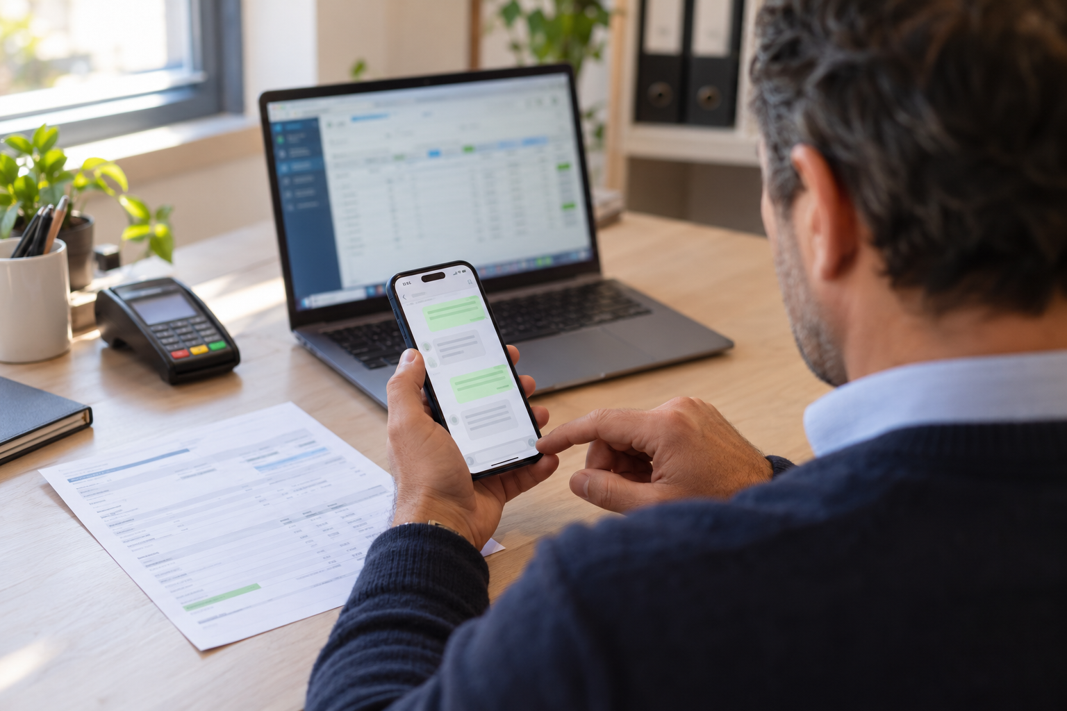 Gestor a consultar uma conversa de assistência no smartphone, com o ERP aberto no portátil e um documento de liquidação sobre a secretária