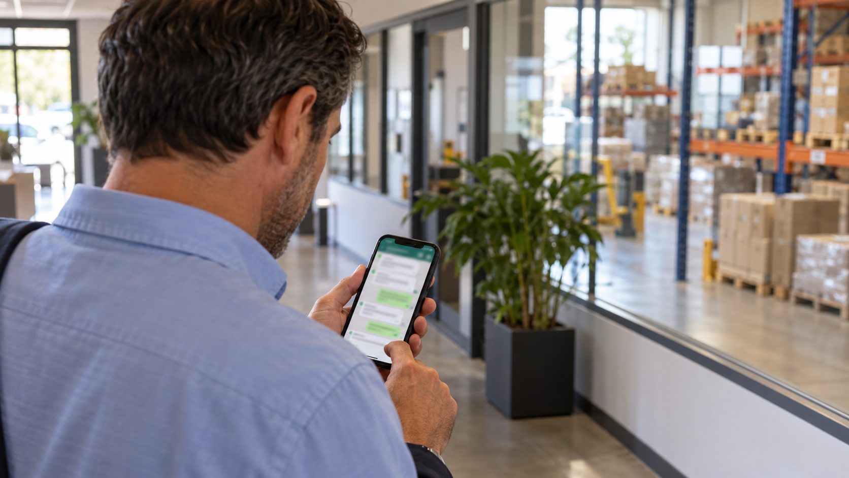 Comercial consulta no smartphone uma conversa de apoio à preparação da visita, junto à receção de um armazém