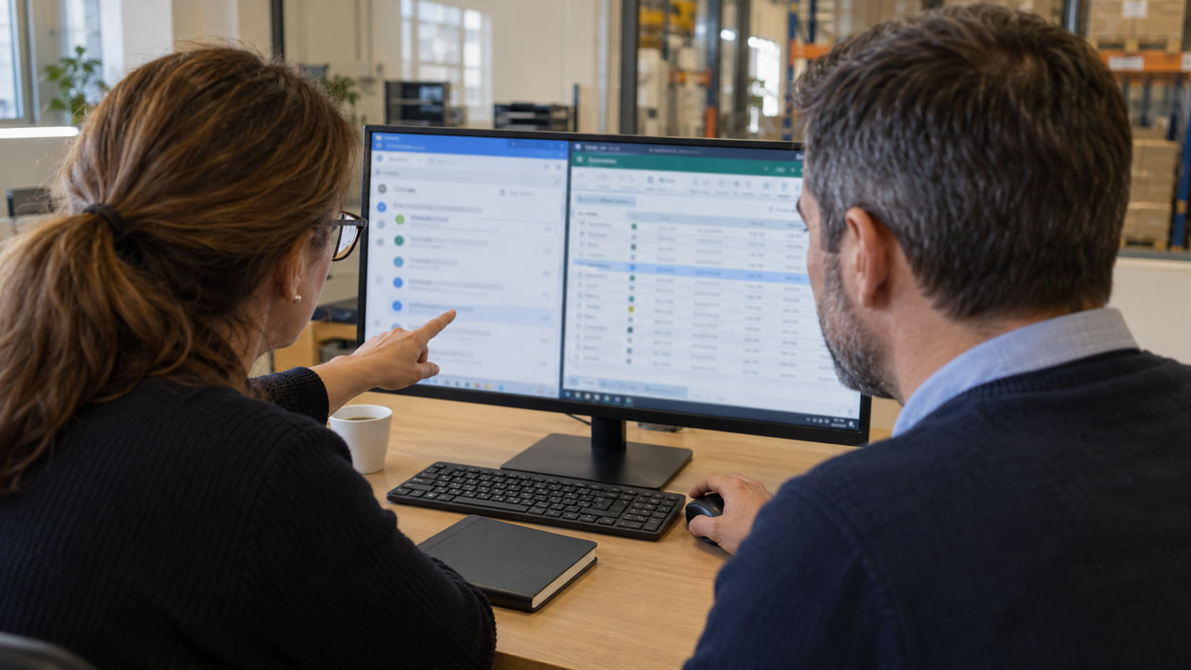 Dois colegas conferem no monitor o resumo do histórico comercial e os registos usados como fonte